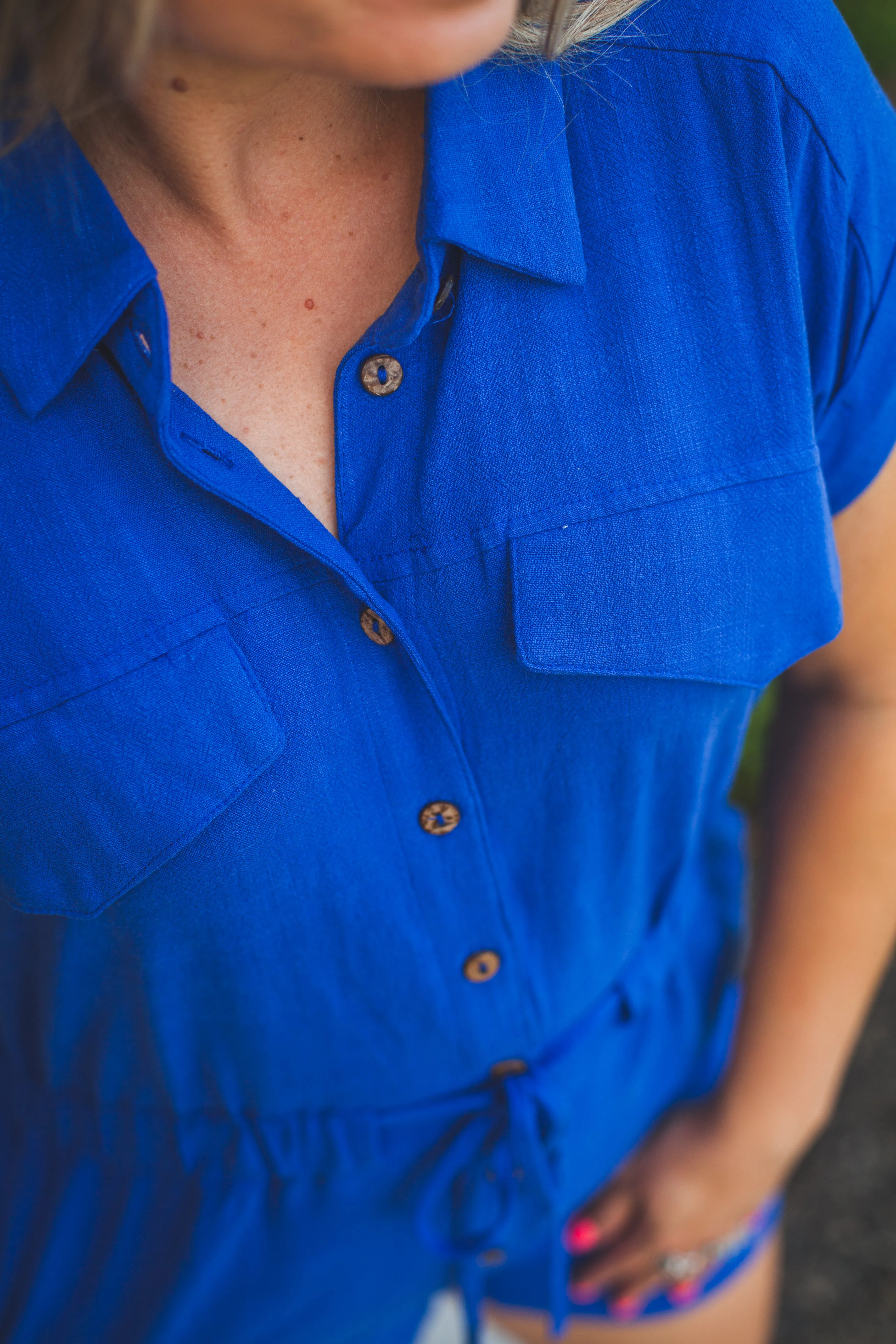 Short Sleeve Tie Waist Romper in Cobalt