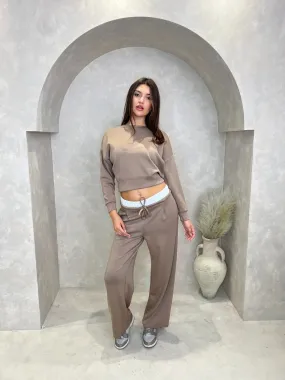 Taupe Drawstring Wide Leg Trousers