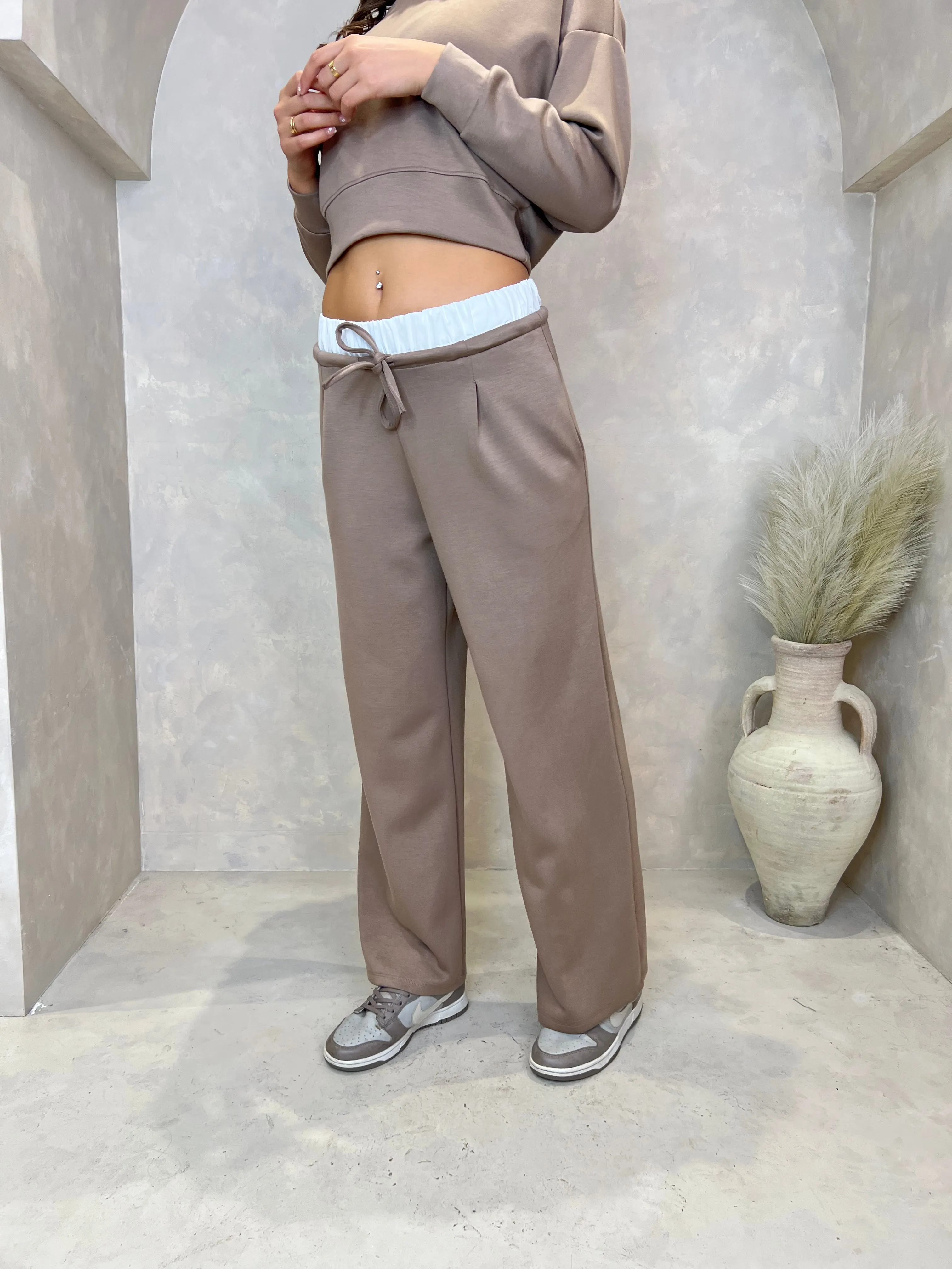 Taupe Drawstring Wide Leg Trousers