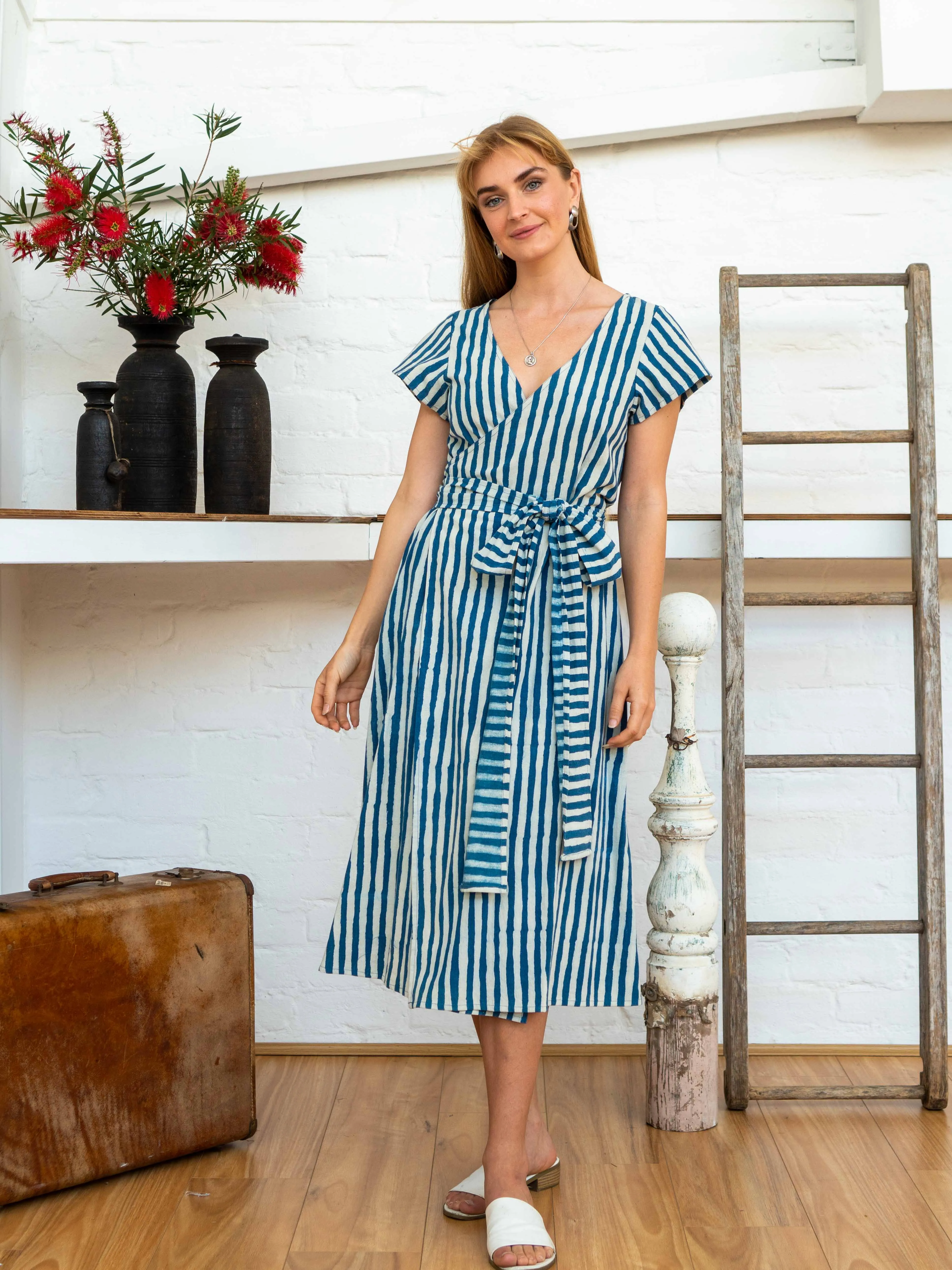 Tie Wrap Dress - Indigo Stripes