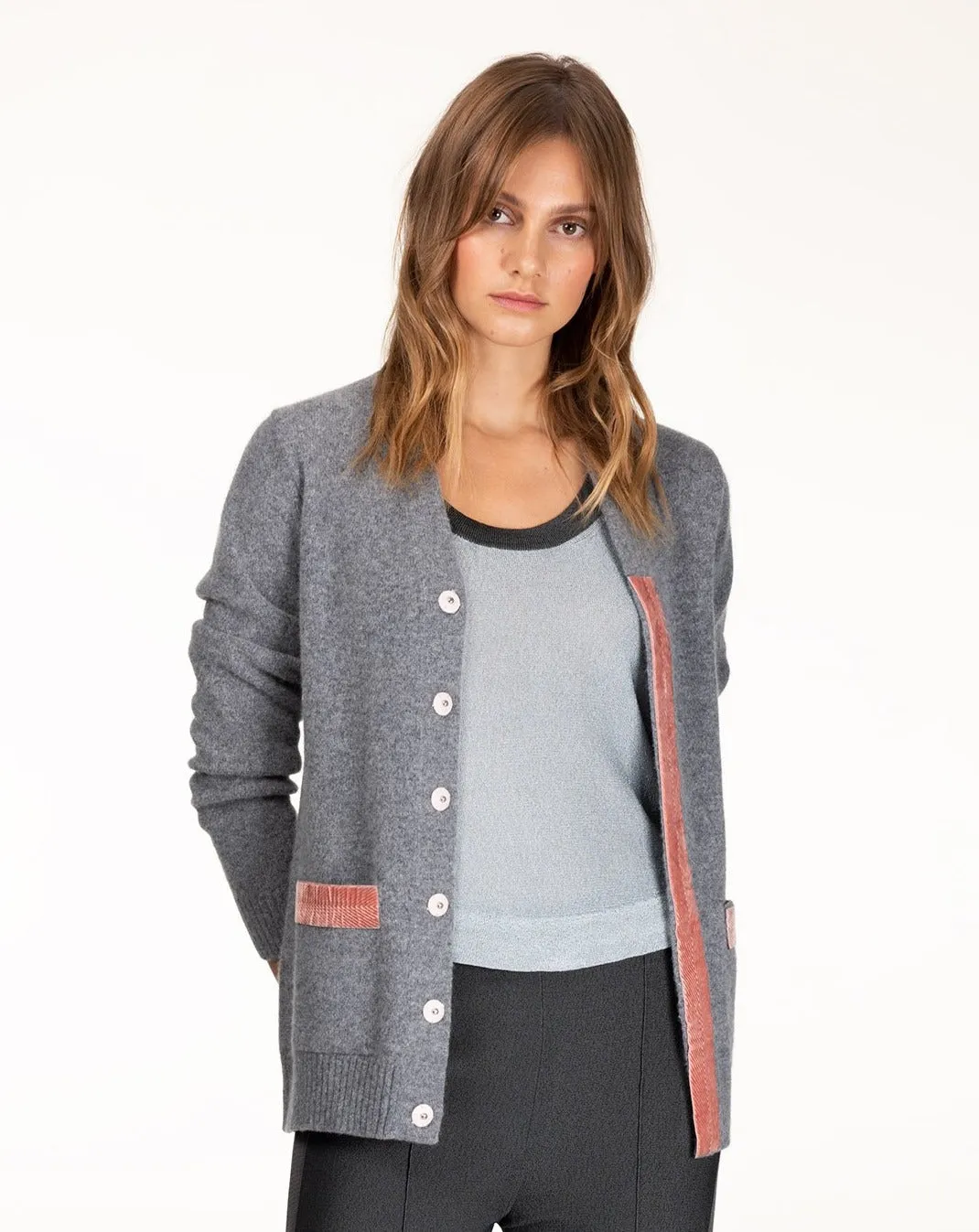 Velvet-Trimmed Grey Cardigan