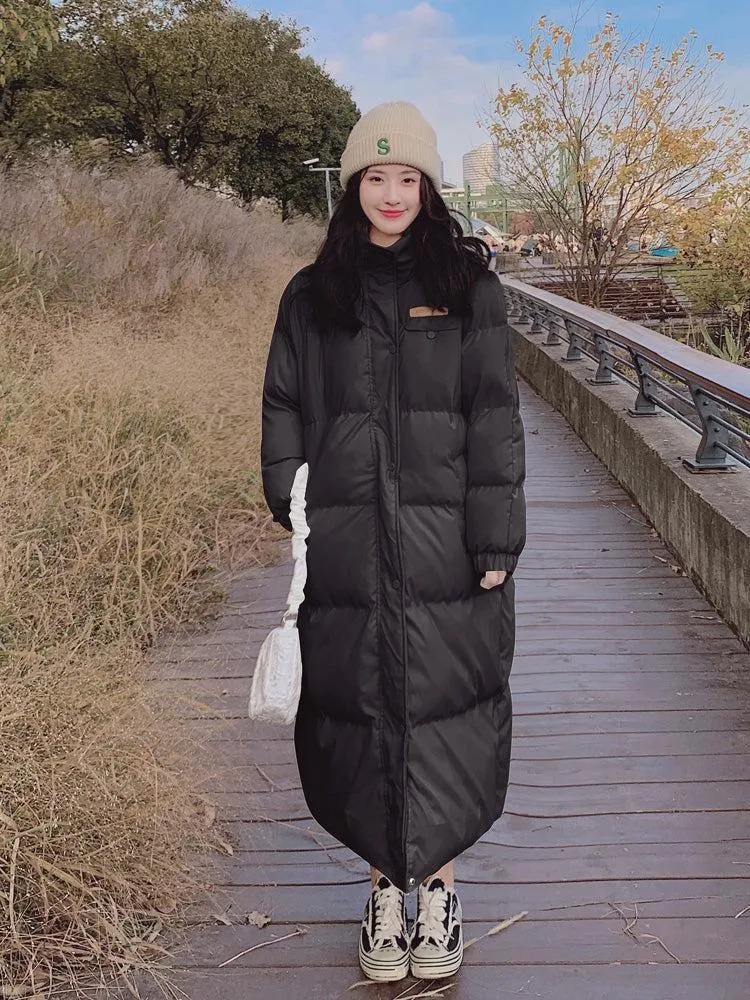 Women Beige Stand Up Collar Quilted Puffer Coat Black Oversize Winter Parka Coat