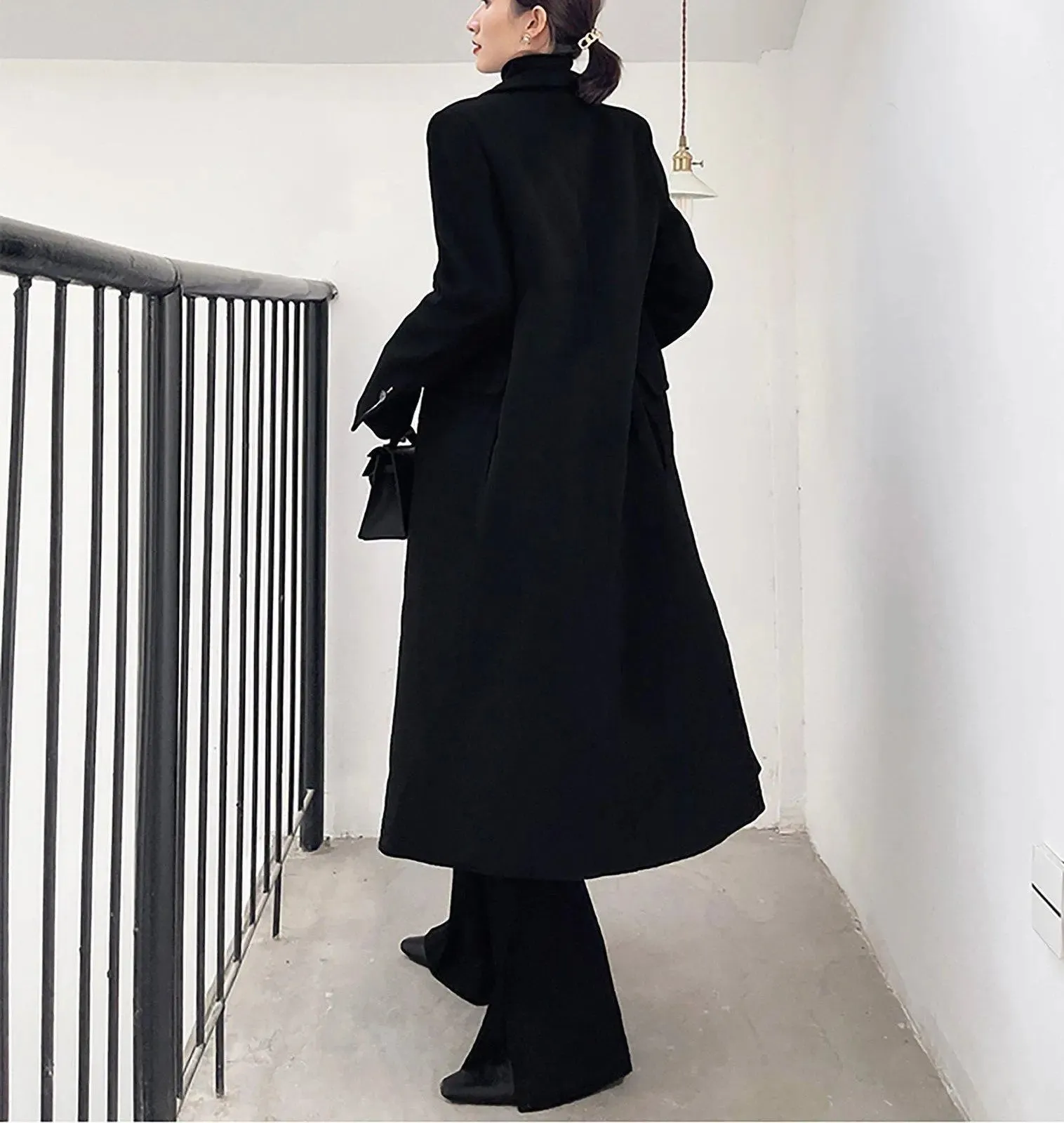 Women Black Long Coat,Double Breasted Wool Coat,Oversize Wool Coat,Long Black Coat,Woolen Coat,Wool Trench Coat,Winter Long Coat Black W109