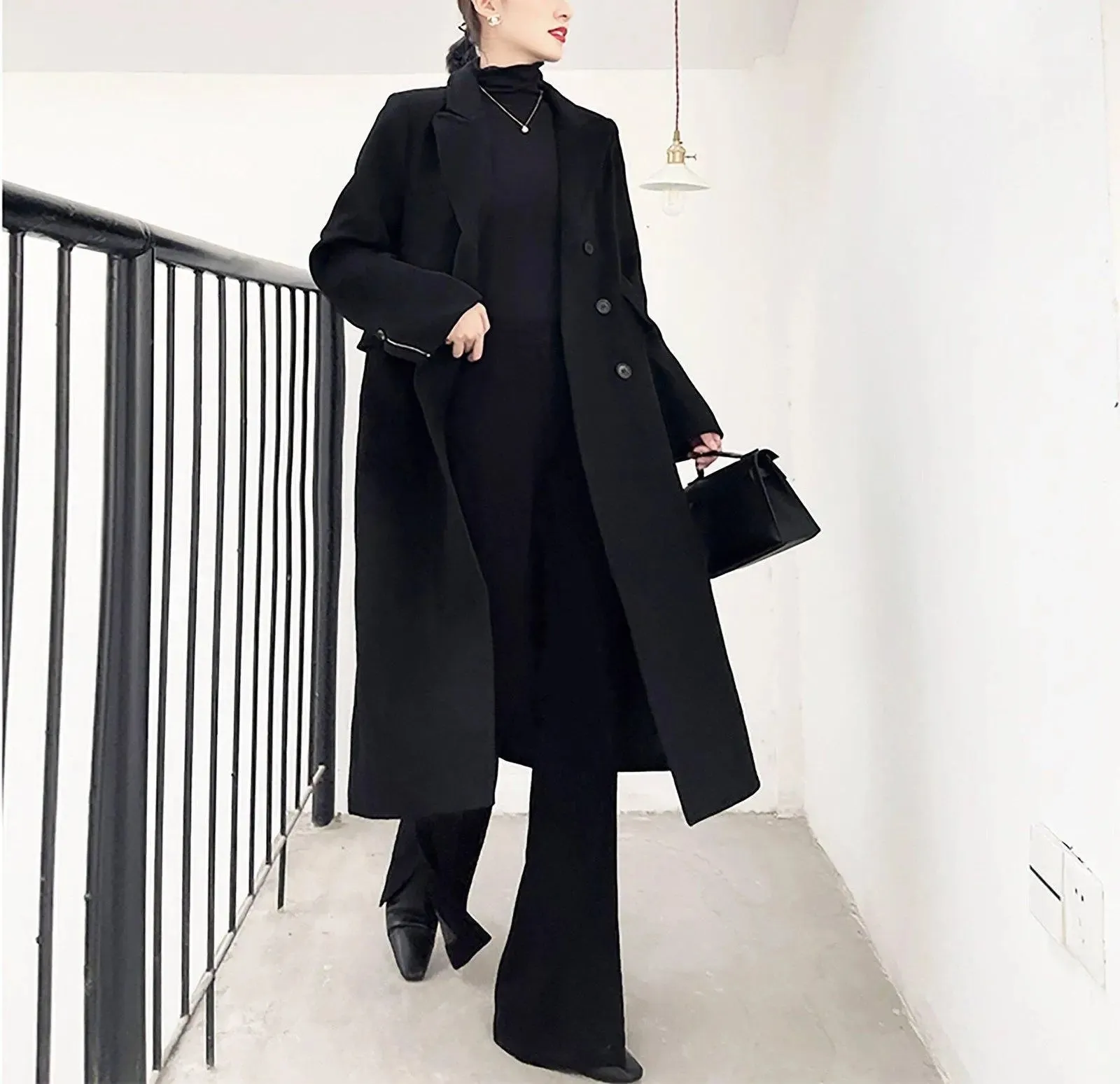 Women Black Long Coat,Double Breasted Wool Coat,Oversize Wool Coat,Long Black Coat,Woolen Coat,Wool Trench Coat,Winter Long Coat Black W109